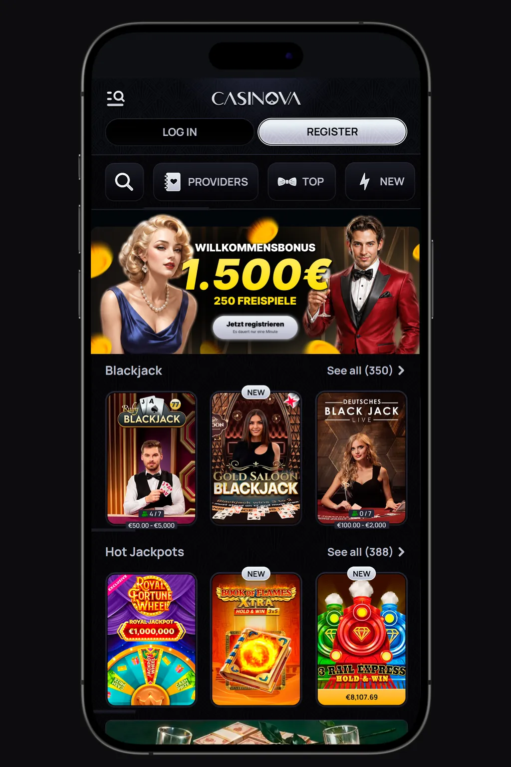 Casinova Mobile Casino App en el smartphone